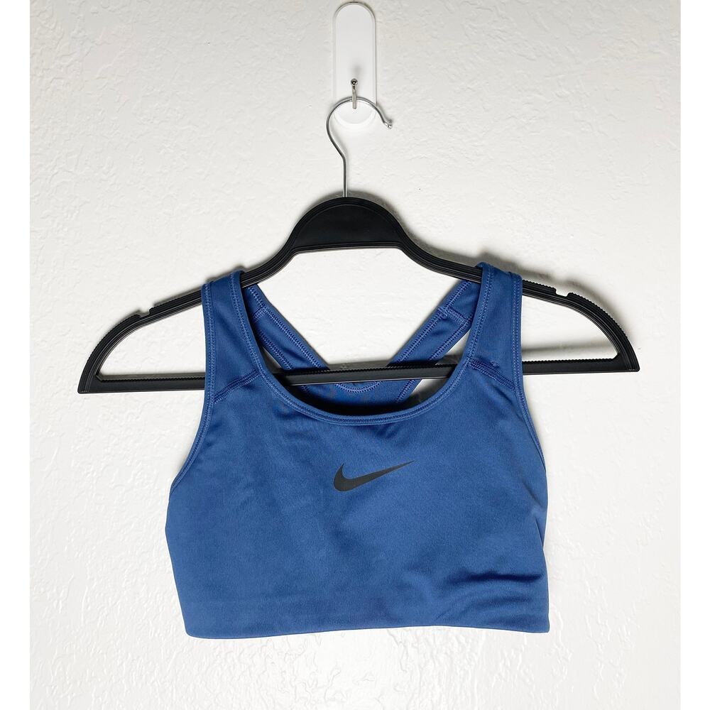 Nike Women's Blue Dri-Fit Sports Bra Racerback Black Nike‎ Logo Workout Gym Yoga